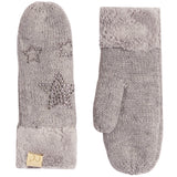 A pair of light gray knit mittens with fluffy faux-fur trim and rhinestone star embellishments, shown on a plain white background.