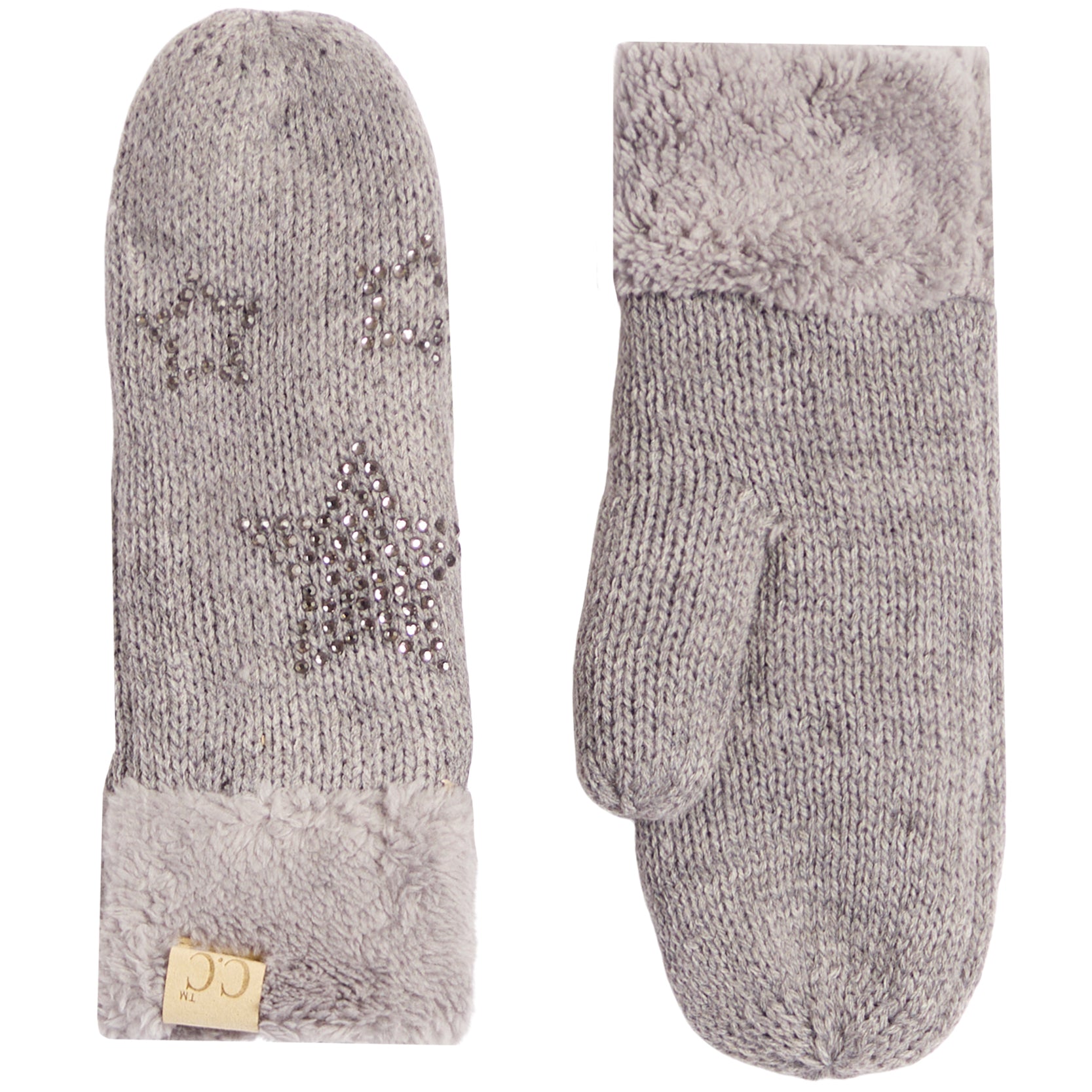 A pair of light gray knit mittens with fluffy faux-fur trim and rhinestone star embellishments, shown on a plain white background.