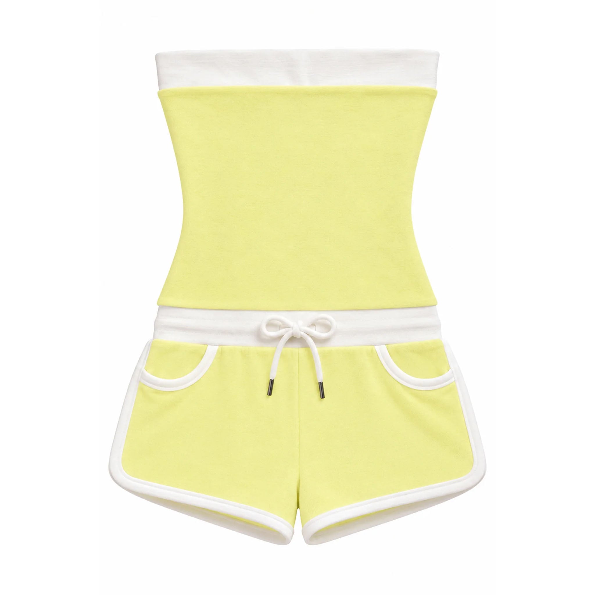 A two-piece women's lounge set in pale yellow, featuring a strapless bandeau top and matching shorts with white contrast trim, a white drawstring waist, and front patch pockets, shown on a plain white background.