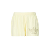 Light yellow shorts with a decorative angel on a white background