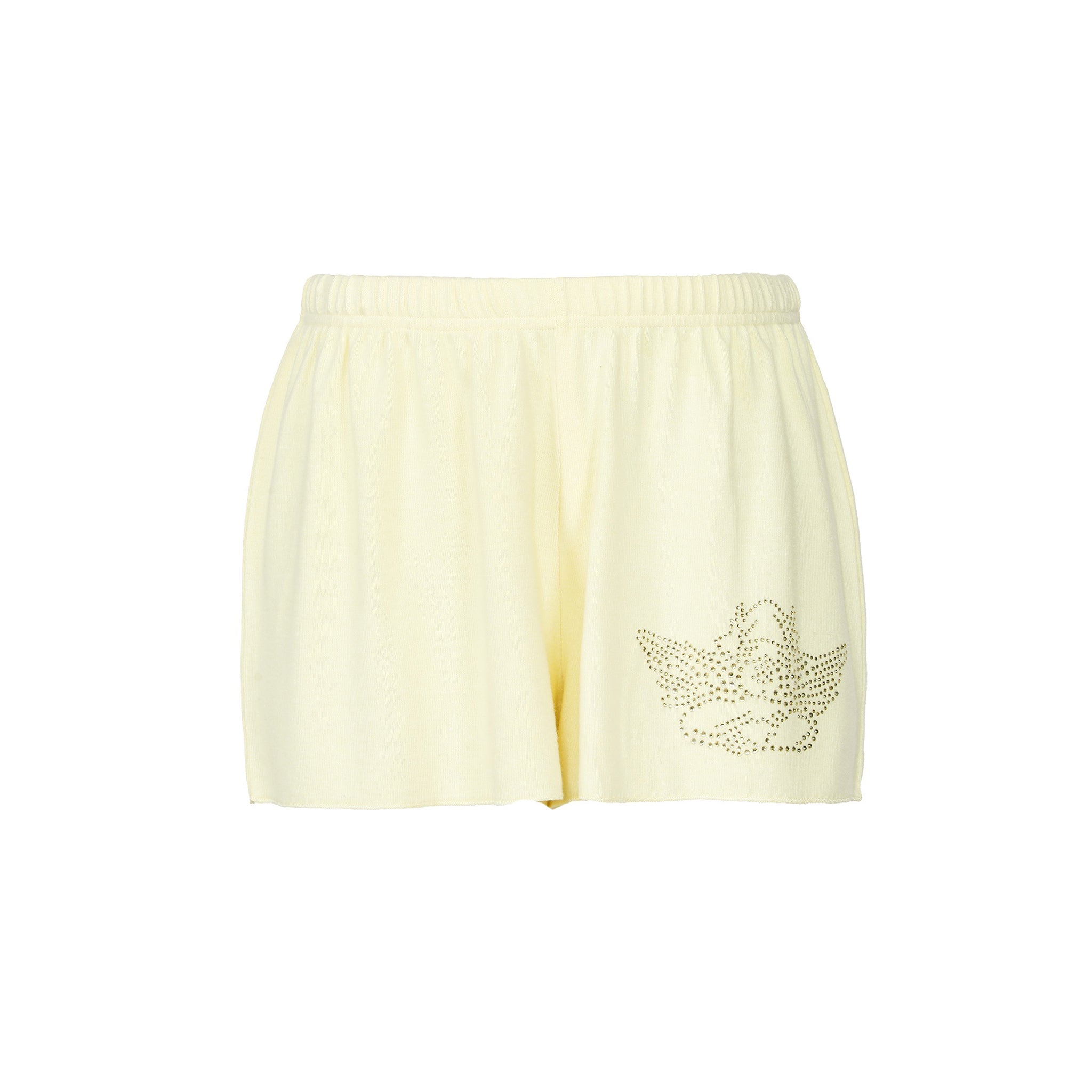 Light yellow shorts with a decorative angel on a white background