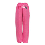 Pink heather sweatpants with 'Boys Lie' embroidered on the upper left hip in red and white, shown against a plain white background.