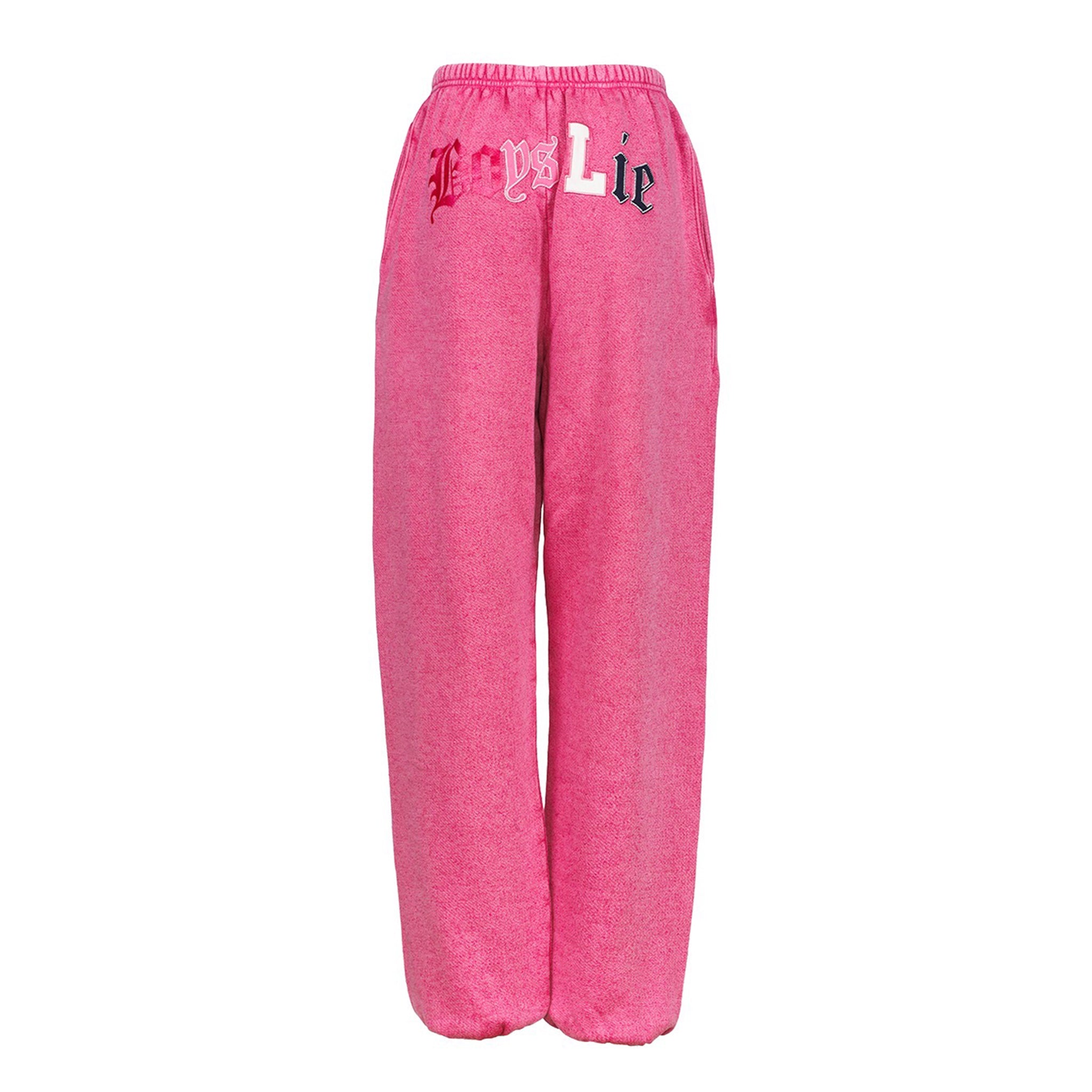 Pink heather sweatpants with 'Boys Lie' embroidered on the upper left hip in red and white, shown against a plain white background.