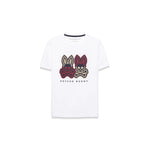 A white short-sleeve crewneck t-shirt featuring a graphic of two cartoon bunnies with skull patterns on the chest, labeled 'PSYCHO BUNNY'.