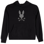 A black pullover hoodie featuring a silver rhinestone-embellished bunny skull and crossbones graphic on the chest, displayed against a solid white background.