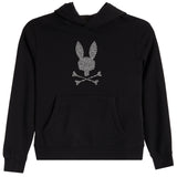 A black pullover hoodie featuring a silver rhinestone-embellished bunny skull and crossbones graphic on the chest, displayed against a solid white background.