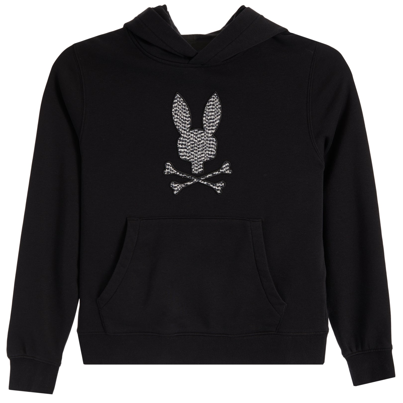 A black pullover hoodie featuring a silver rhinestone-embellished bunny skull and crossbones graphic on the chest, displayed against a solid white background.