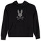 A black pullover hoodie featuring a silver rhinestone-embellished bunny skull and crossbones graphic on the chest, displayed against a solid white background.