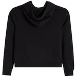 A black long-sleeve hoodie from the back, shown against a plain white background.