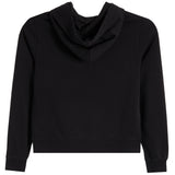 A black long-sleeve hoodie from the back, shown against a plain white background.