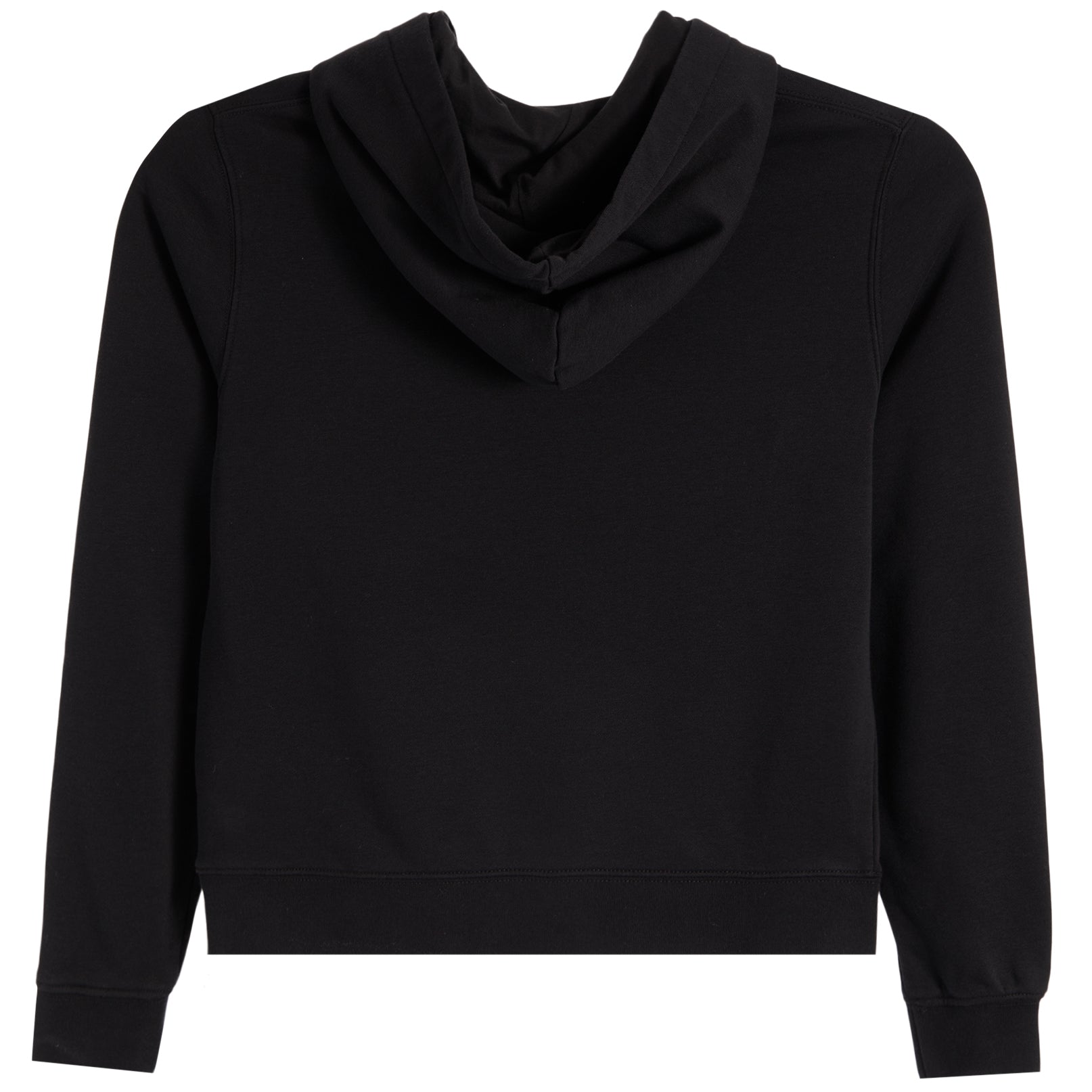 A black long-sleeve hoodie from the back, shown against a plain white background.