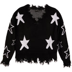 Ivory Stars Distressed V-neck Sweater - Denny's