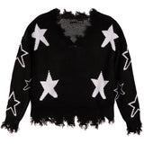 Ivory Stars Distressed V-neck Sweater - Denny's