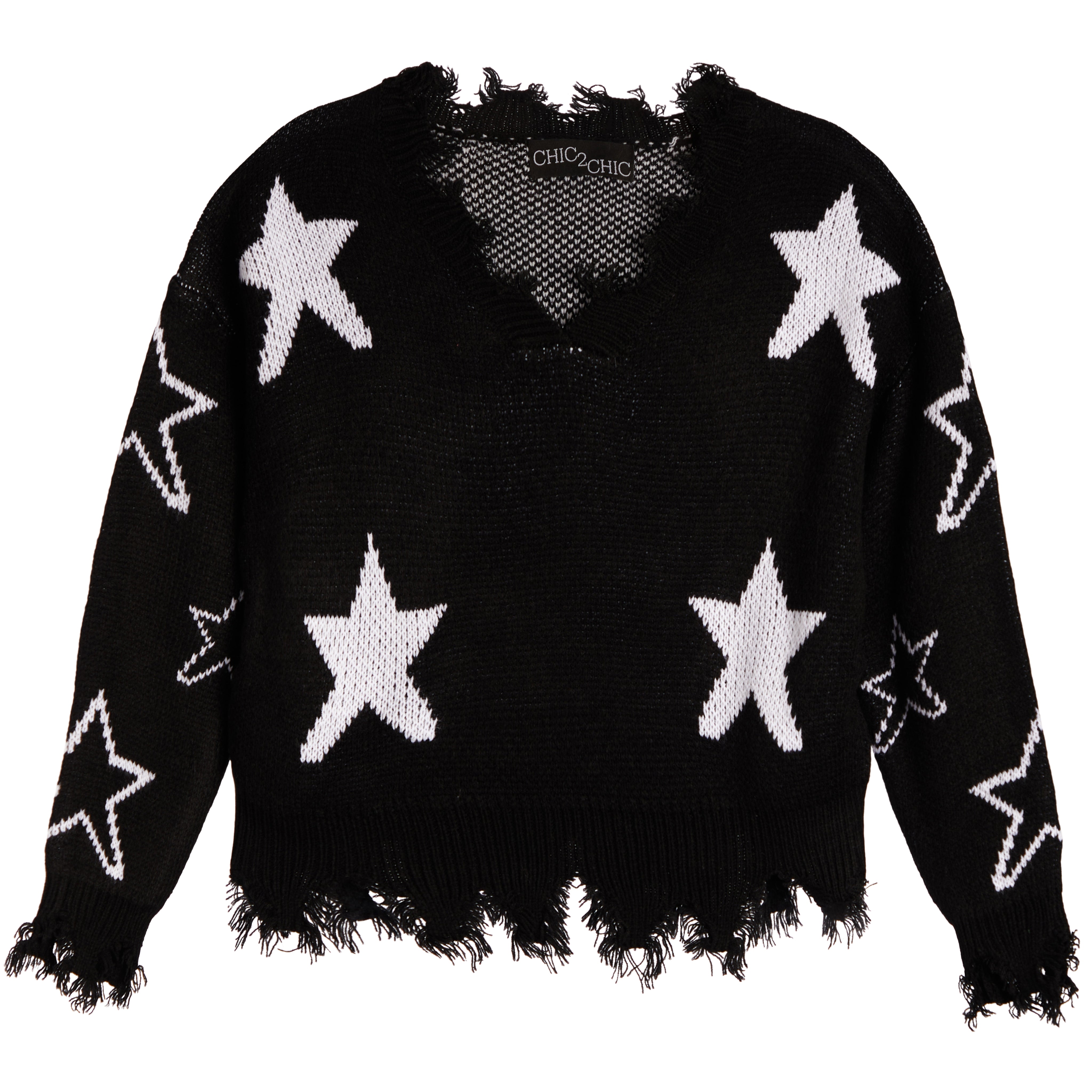 Ivory Stars Distressed V-neck Sweater - Denny's