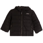 A black hooded puffer jacket with horizontal quilting, a front zipper, and zippered side pockets, shown against a plain white background.