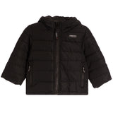 A black hooded puffer jacket with horizontal quilting, a front zipper, and zippered side pockets, shown against a plain white background.