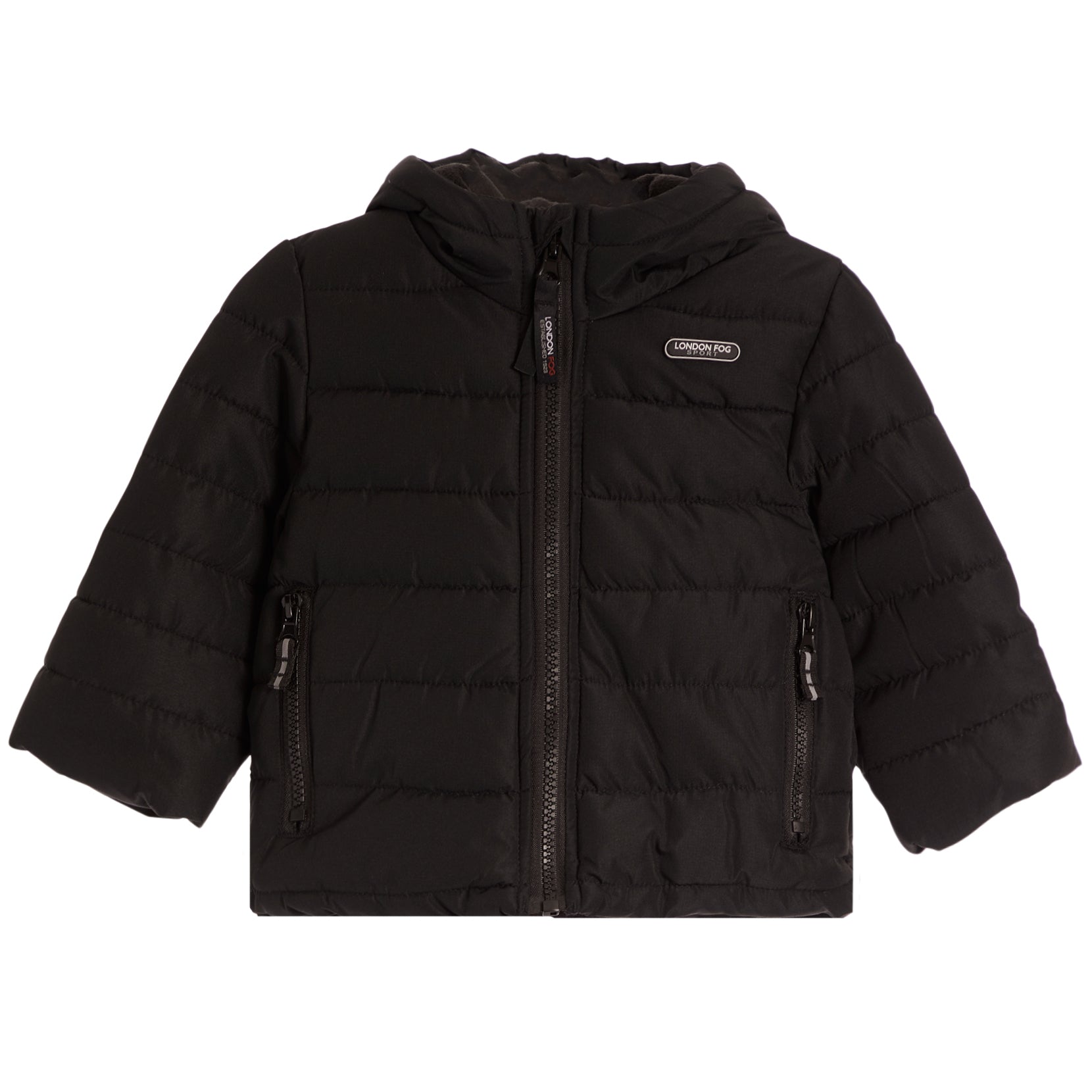 A black hooded puffer jacket with horizontal quilting, a front zipper, and zippered side pockets, shown against a plain white background.
