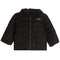 A black hooded puffer jacket with horizontal quilting, a front zipper, and zippered side pockets, shown against a plain white background.