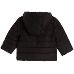 A black hooded puffer jacket with horizontal quilting, shown from the back against a plain white background.
