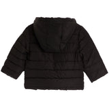 A black hooded puffer jacket with horizontal quilting, shown from the back against a plain white background.