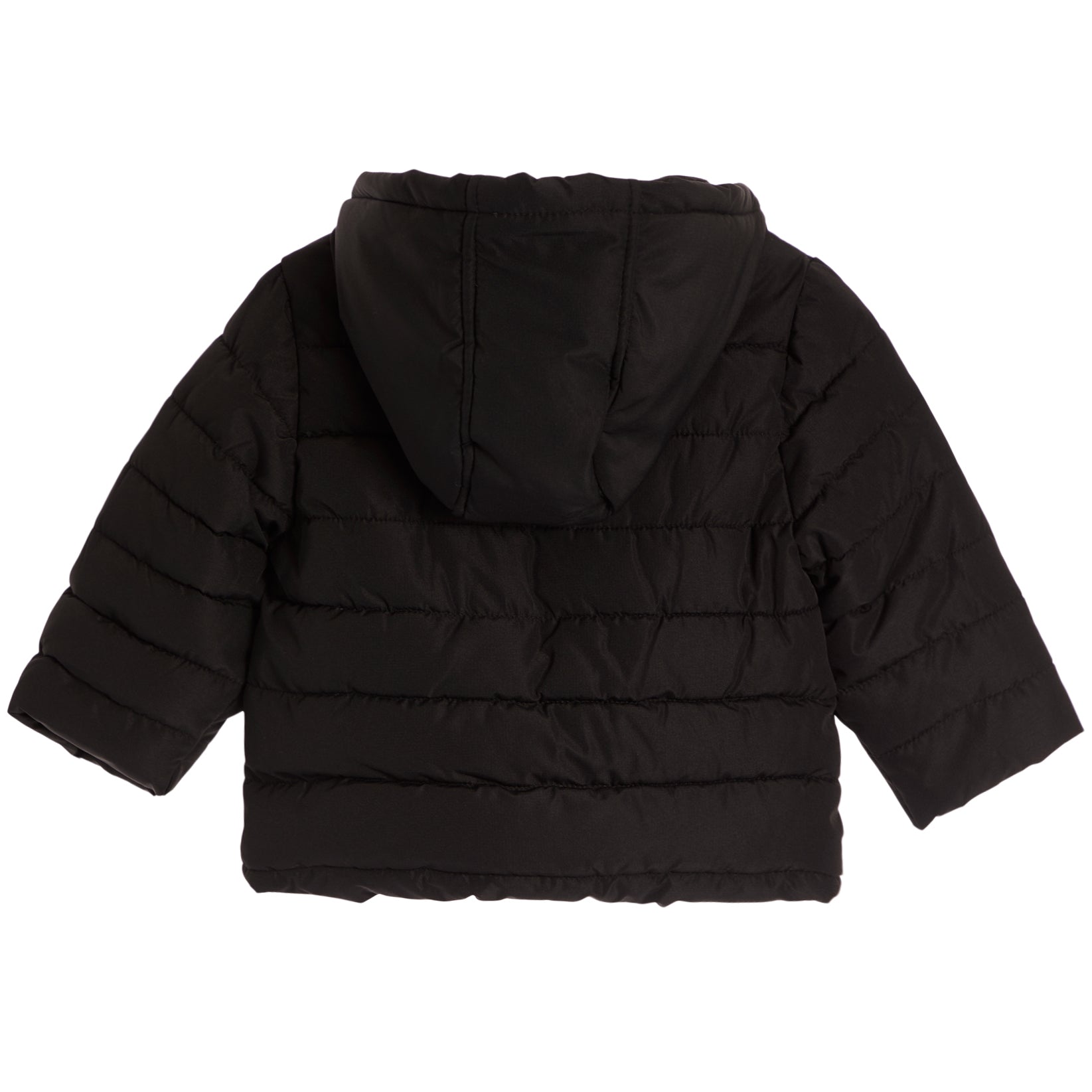 A black hooded puffer jacket with horizontal quilting, shown from the back against a plain white background.