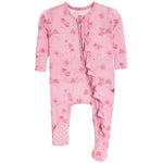 A pink long-sleeve baby footed sleeper with a floral print, ruffle trim down the front, and a zip closure, shown on a plain white background.