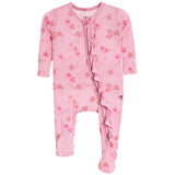 A pink long-sleeve baby footed sleeper with a floral print, ruffle trim down the front, and a zip closure, shown on a plain white background.