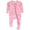 A pink long-sleeve baby footed sleeper with a floral print, ruffle trim down the front, and a zip closure, shown on a plain white background.