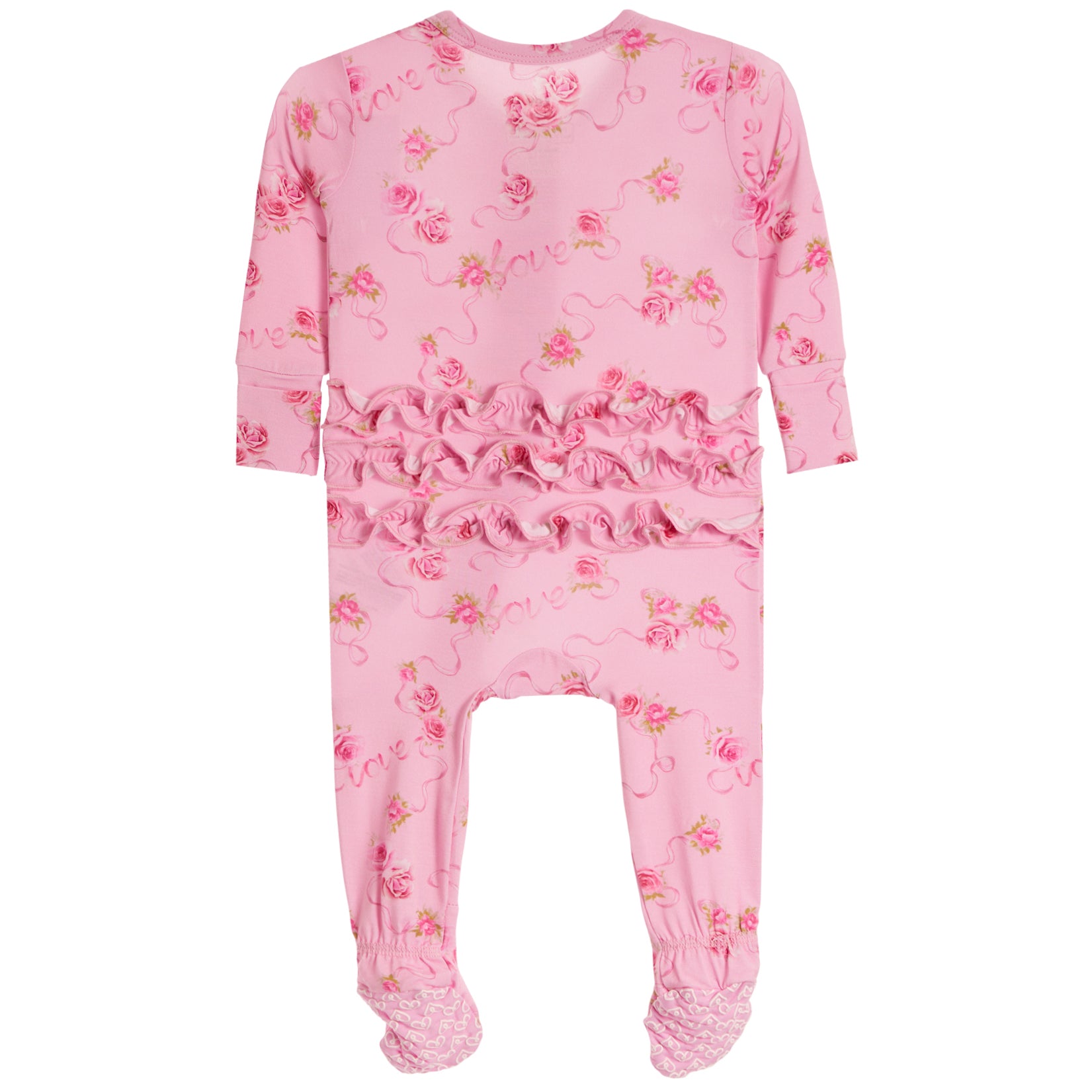 Pink baby footed one-piece jumpsuit with a floral rose print and a ruffled trim across the waist, shown on a plain white background.