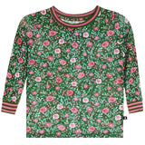 A long-sleeve crewneck shirt with an all-over green floral print featuring pink and white flowers, with pink striped trim on the collar, cuffs, and hem.