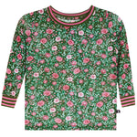 A long-sleeve crewneck shirt with an all-over green floral print featuring pink and white flowers, with pink striped trim on the collar, cuffs, and hem.