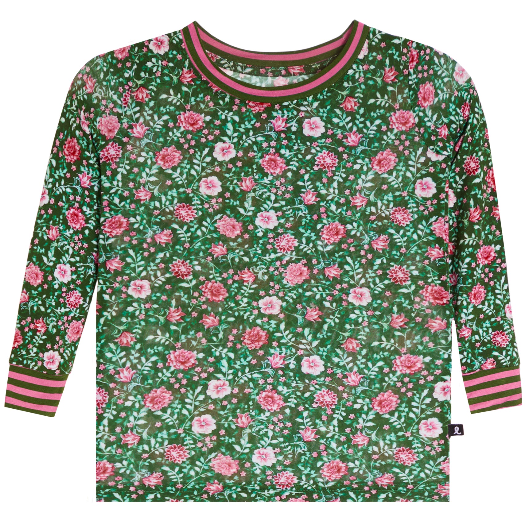 A long-sleeve crewneck shirt with an all-over green floral print featuring pink and white flowers, with pink striped trim on the collar, cuffs, and hem.