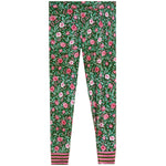 Green floral print pant with pink and white flowers, green leaves, and pink striped cuffs, shown flat against a white background.