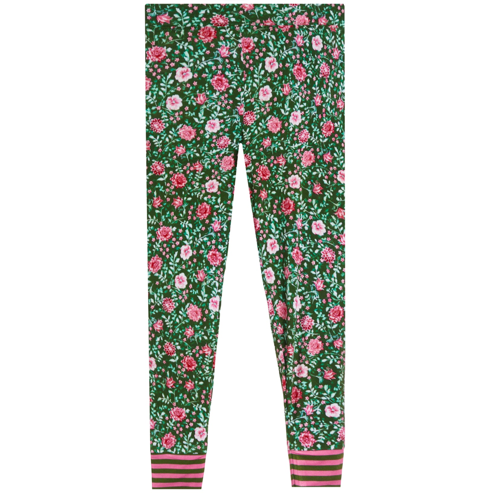 Green floral print pant with pink and white flowers, green leaves, and pink striped cuffs, shown flat against a white background.