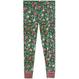 Green floral print pant with pink and white flowers, green leaves, and pink striped cuffs, shown flat against a white background.