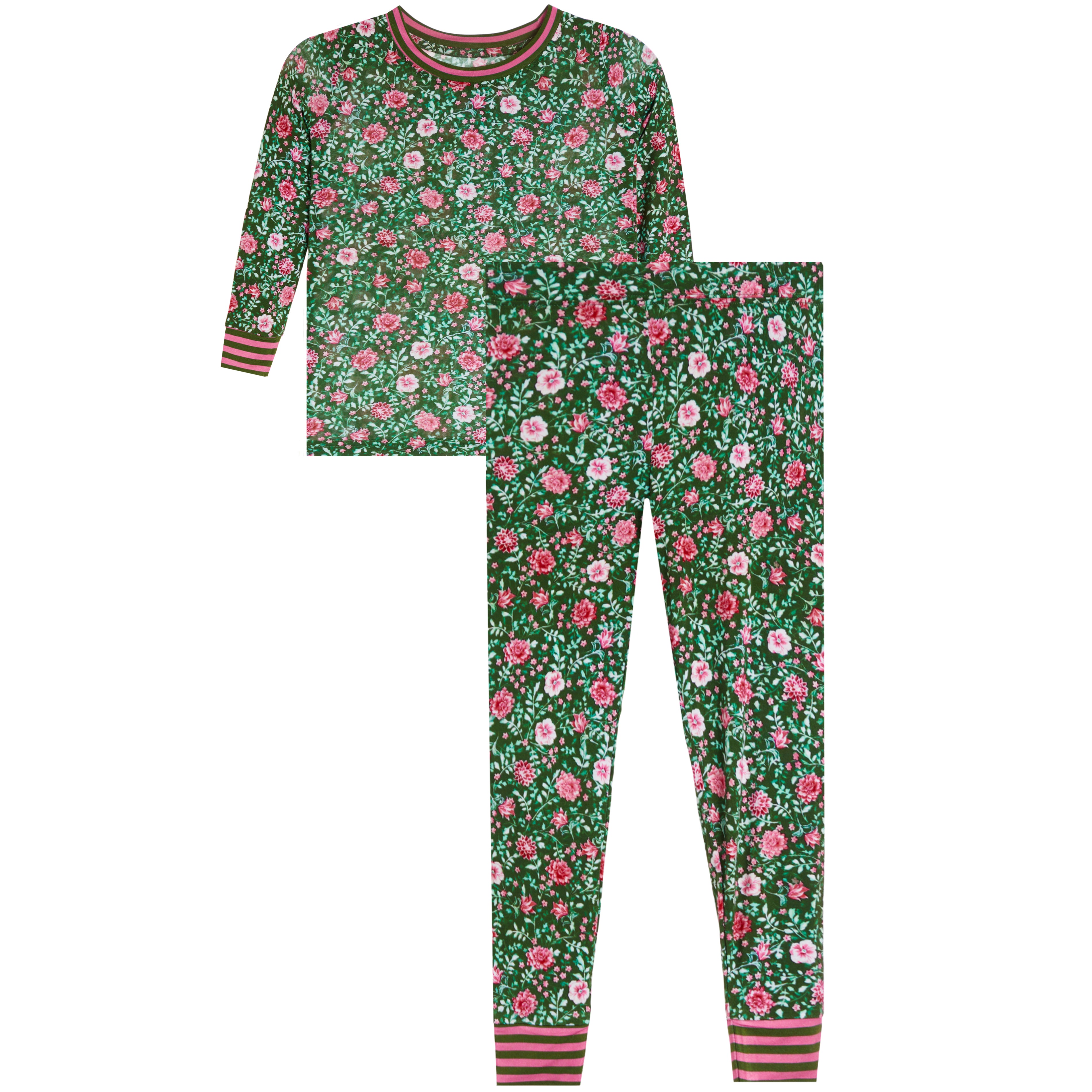 A two-piece children's pajama set featuring a long-sleeve top and matching pants in a green floral print with pink and white flowers, finished with striped cuffs and collar.