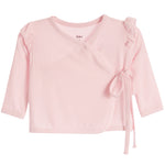 A light pink long-sleeve baby wrap top with ruffled shoulder details and a side tie closure, shown against a plain white background.