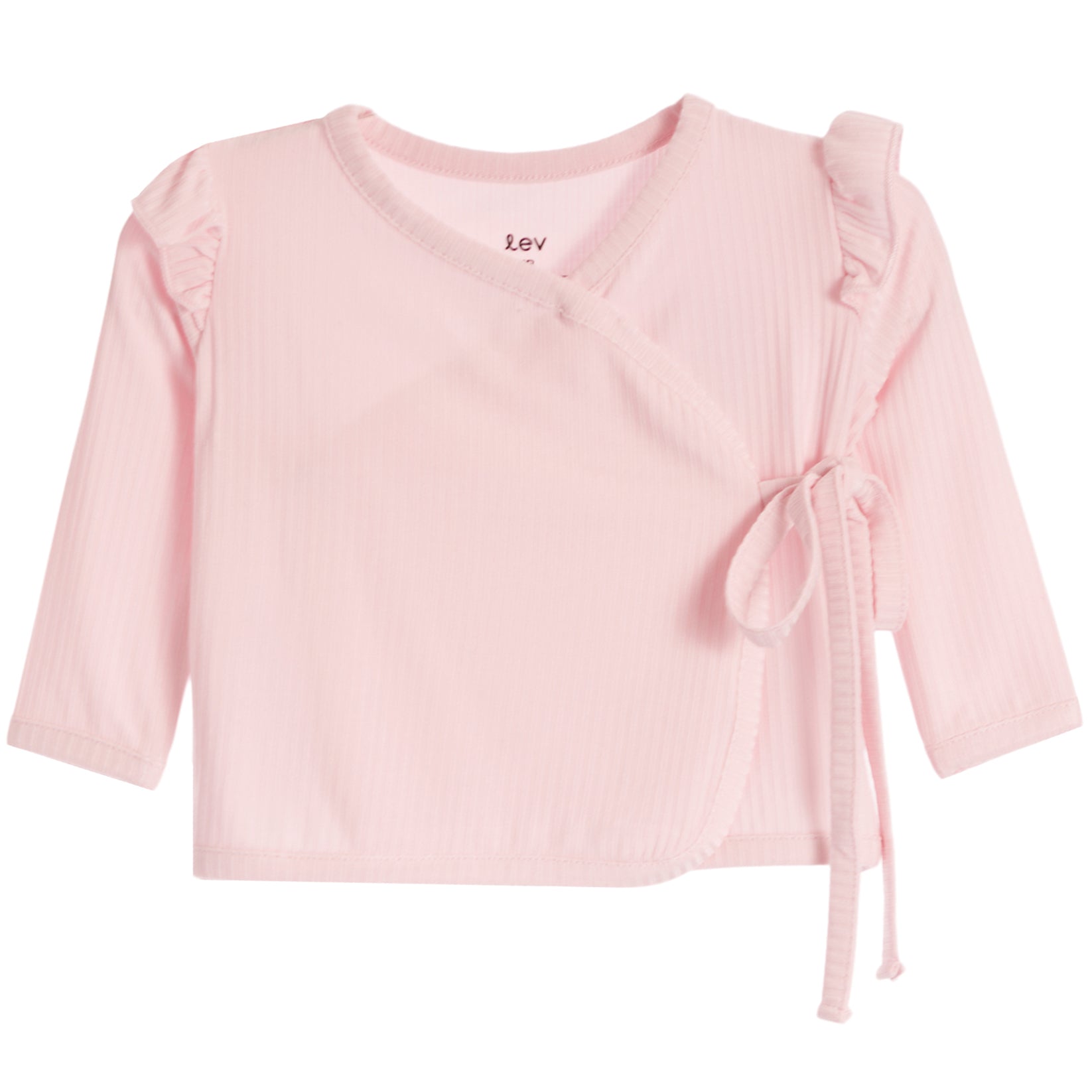 A light pink long-sleeve baby wrap top with ruffled shoulder details and a side tie closure, shown against a plain white background.