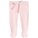 Light pink ribbed knit baby tights with attached footies and a small bow at the waist, shown flat on a white background.