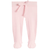 Light pink ribbed knit baby tights with attached footies and a small bow at the waist, shown flat on a white background.