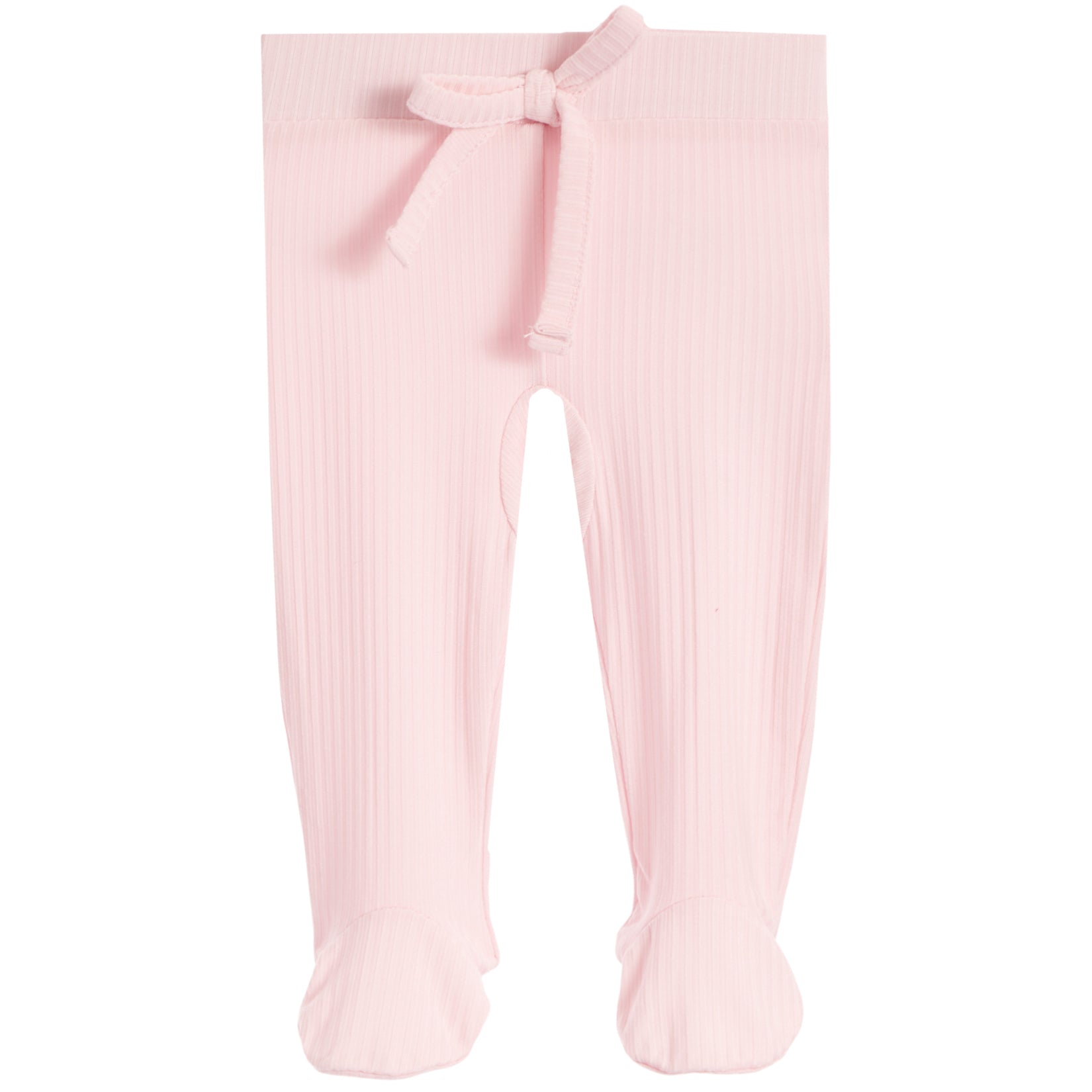 Light pink ribbed knit baby tights with attached footies and a small bow at the waist, shown flat on a white background.
