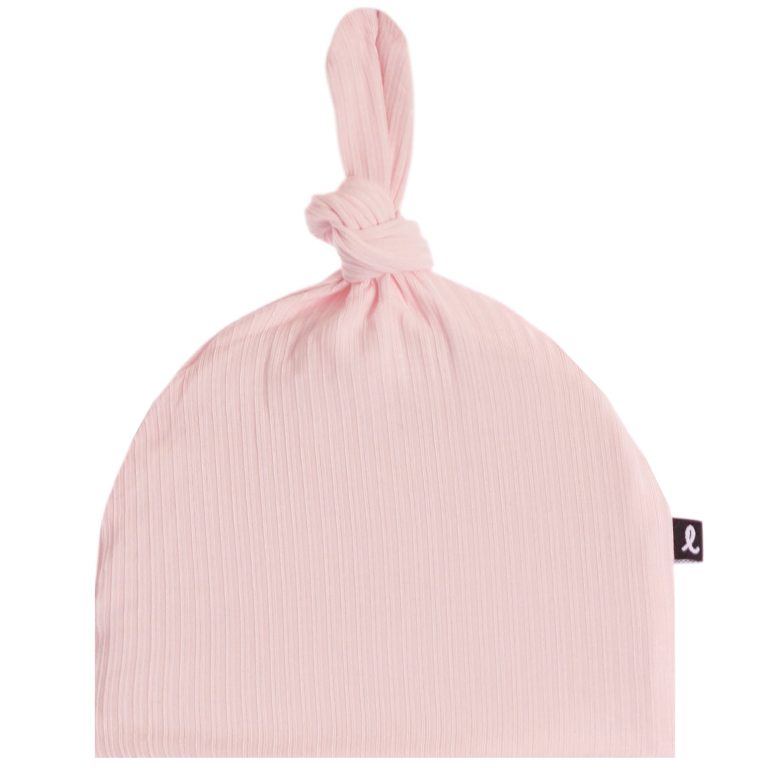 A light pink crinkle gauze baby beanie hat with a knotted top and a small black brand tag on the side, shown against a plain white background.
