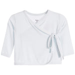 A white long-sleeve baby wrap top with a tie-front detail, shown flat on a white background.