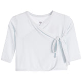 A white long-sleeve baby wrap top with a tie-front detail, shown flat on a white background.