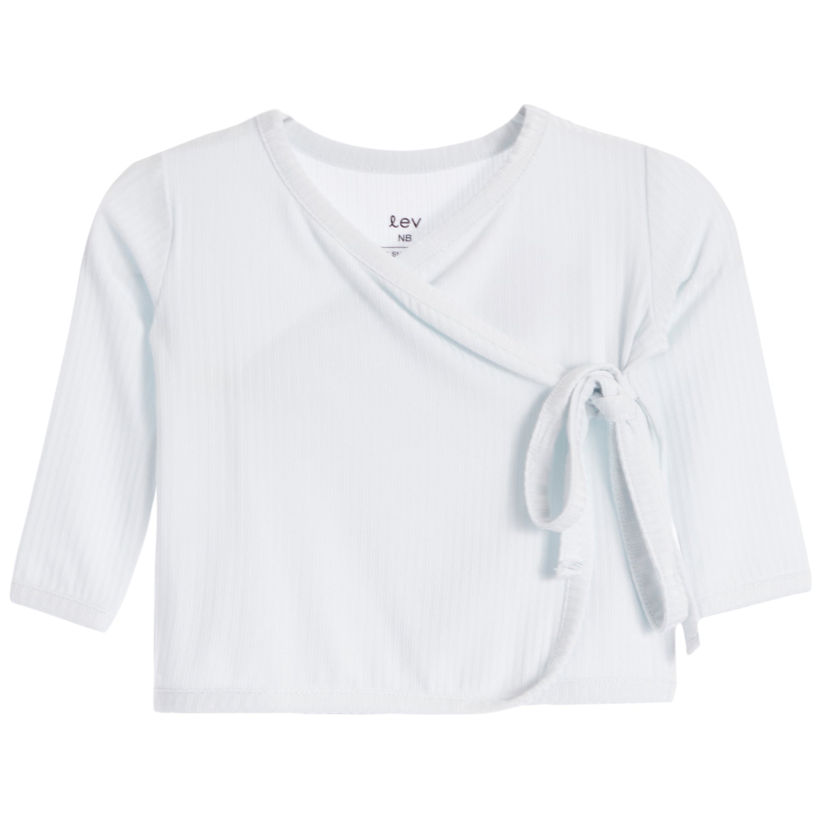 A white long-sleeve baby wrap top with a tie-front detail, shown flat on a white background.