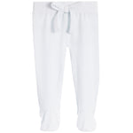 White ribbed knit baby footed pants with an elastic waistband and matching drawstring tie.