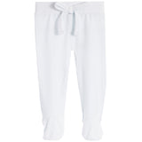 White ribbed knit baby footed pants with an elastic waistband and matching drawstring tie.
