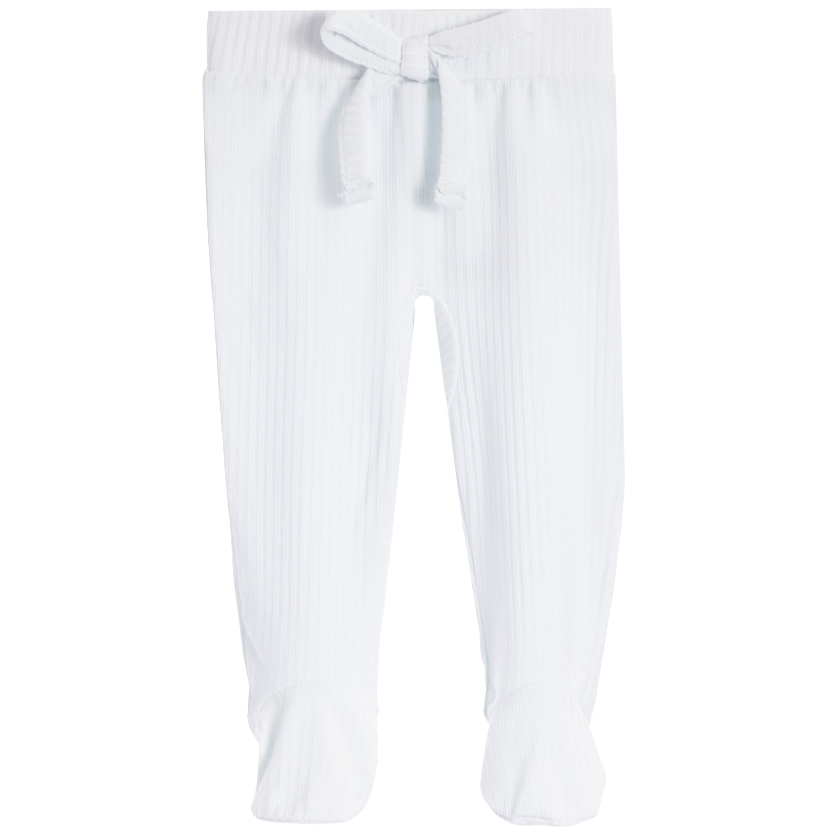 White ribbed knit baby footed pants with an elastic waistband and matching drawstring tie.