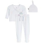 A three-piece baby clothing set in white, including a long-sleeve wrap-style top, footed pants with a tie waist, and a knotted beanie hat, shown on a plain white background.