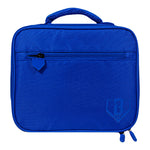 A royal blue padded rectangular bag with a top handle, a front zippered pocket, and a tonal embossed logo in the lower right corner, shown on a plain white background.